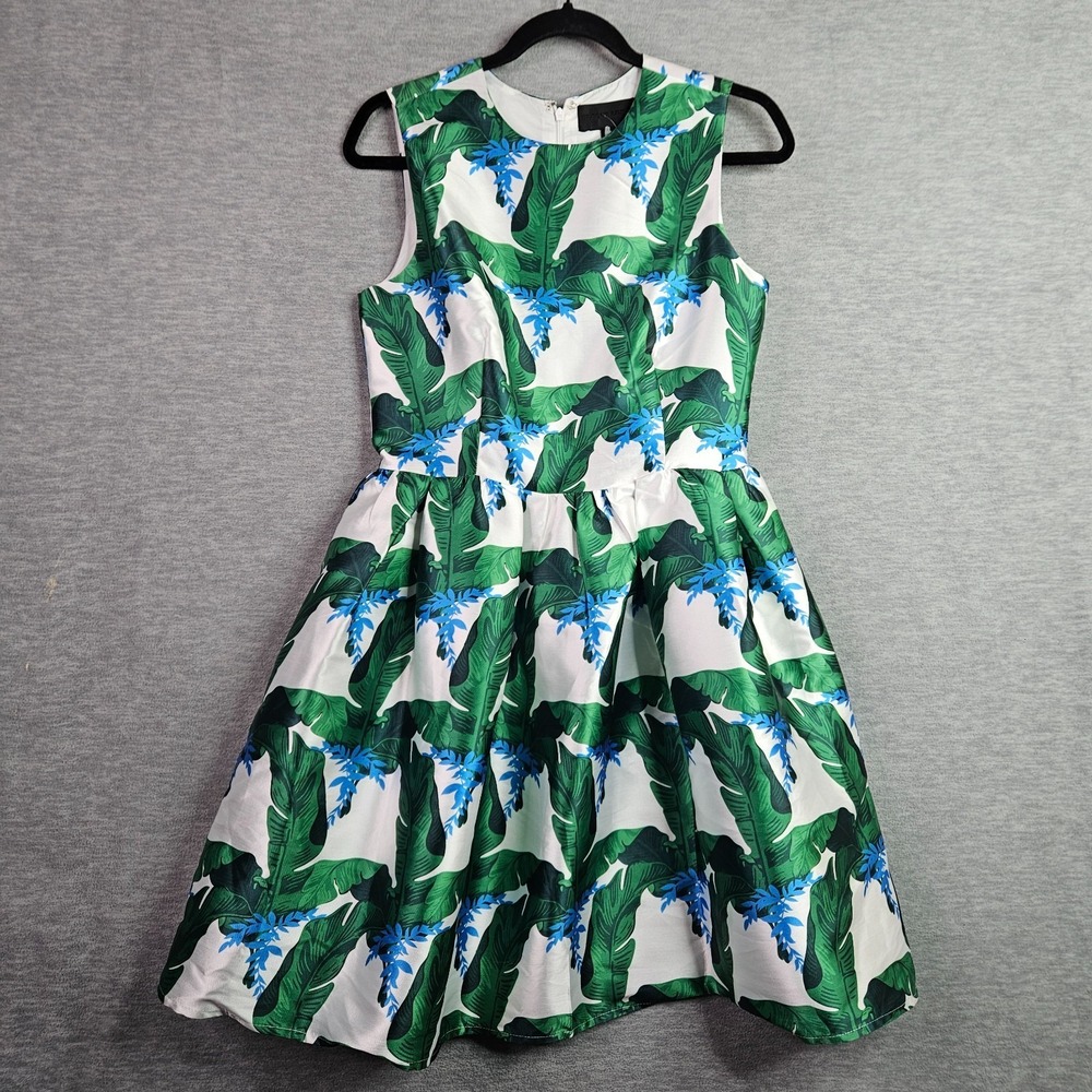 New Blaque Label Green Leaf Print Fit Flare Dress Sz M Sleeveless Tropical